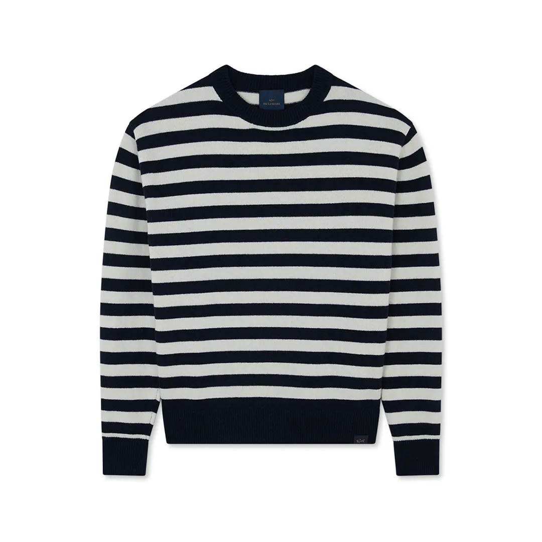 Crew neck sweater in Re-Wool with striped pattern, Man, Deep Well - Brighth White, Size: XXL sold by Paul & Shark
