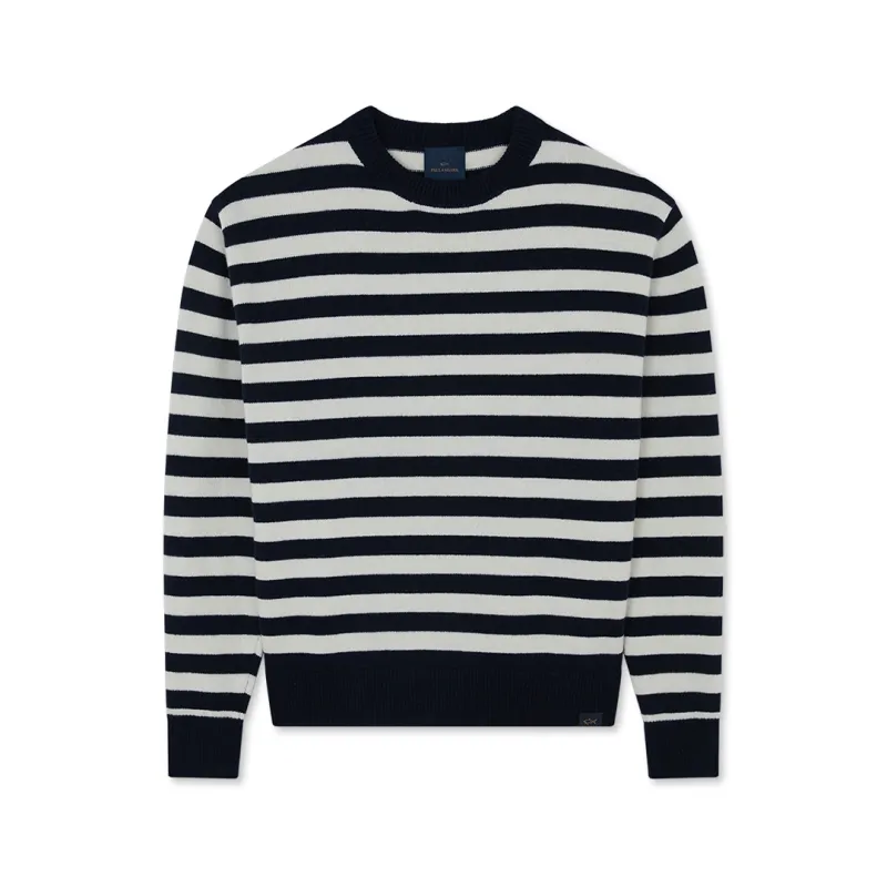 Crew neck sweater in Re-Wool with striped pattern, Man, Deep Well - Brighth White, Size: L made by Paul & Shark