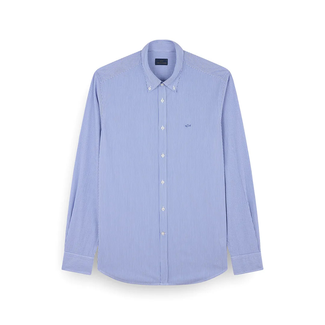 Cotton poplin shirt with shark embroidery, Man, Rows White Light Blu, Size: 040 sold by Paul & Shark