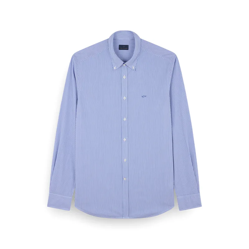 Cotton poplin shirt with shark embroidery, Man, Rows White Light Blu, Size: 044 sold by Paul & Shark
