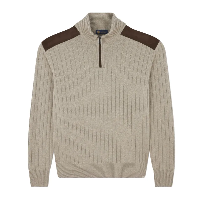 wool cashmere half zip sweater with suede details, Man, Beige, Size: XL sold by Paul & Shark