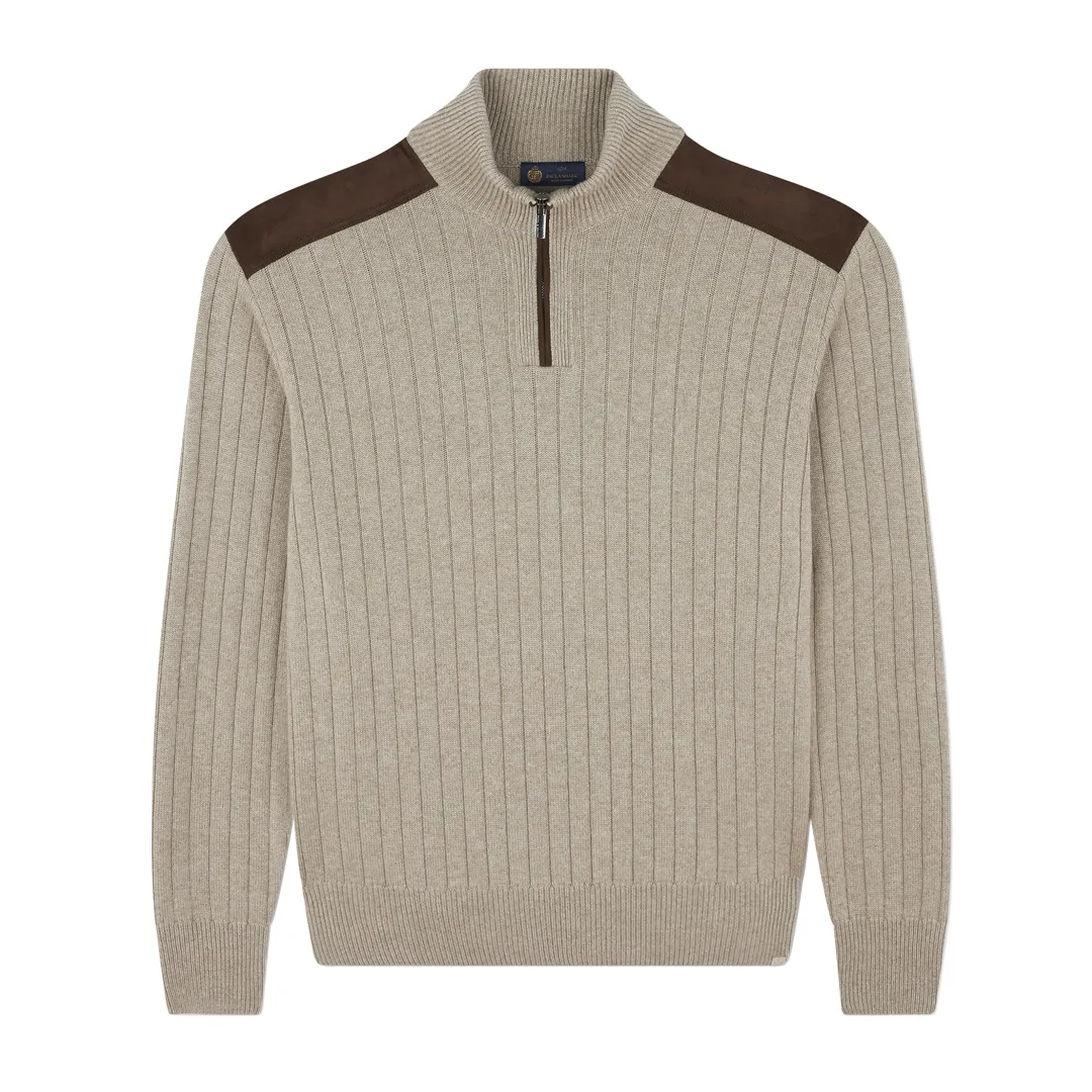 wool cashmere half zip sweater with suede details, Man, Beige, Size: XL sold by Paul & Shark