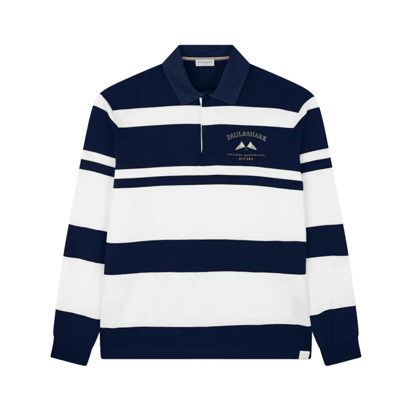 Cotton jersey rugby polo shirt with embroidery, Man, Dress Blue - Snow White, Size: L made by Paul & Shark