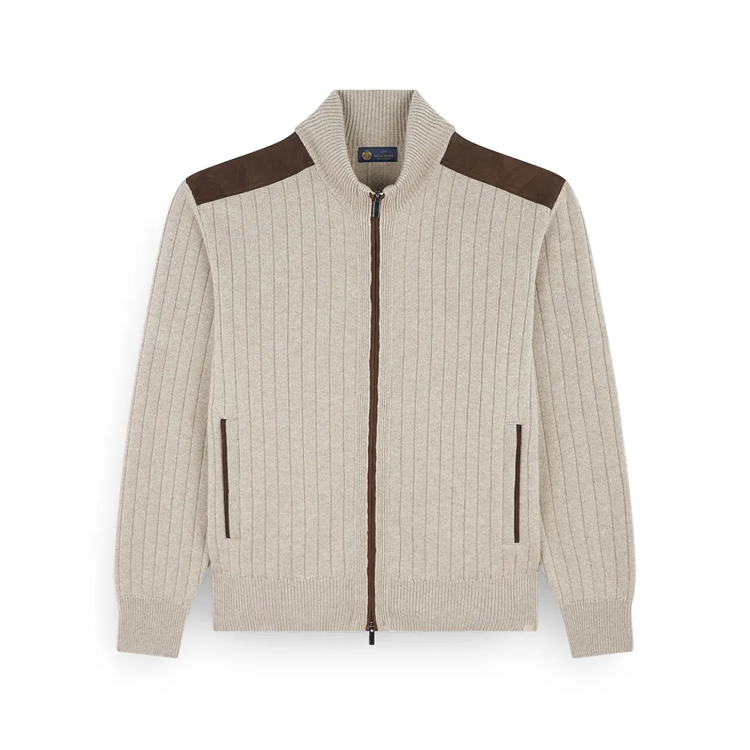 Zip-up cardigan in wool and cashmere with suede details, Man, Beige, Size: 3XL sold by Paul & Shark