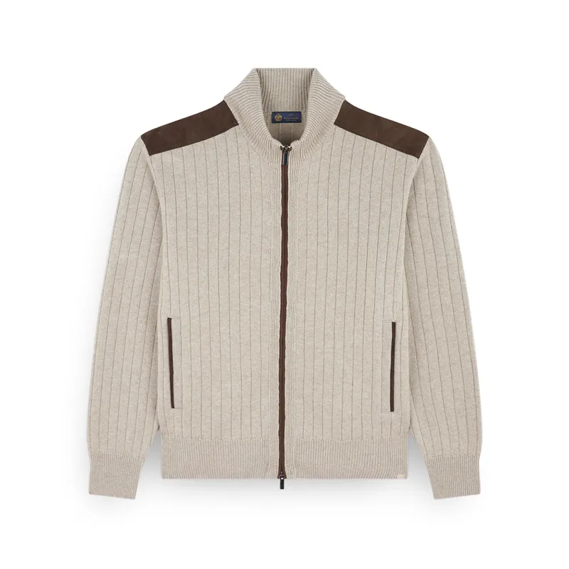Zip-up cardigan in wool and cashmere with suede details, Man, Beige, Size: S sold by Paul & Shark
