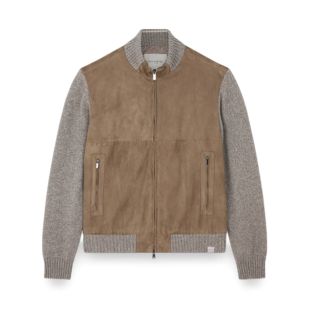 Hybrid zip-up cardigan in suede, wool and cashmere, Man, Moonbeam-fungi, Size: XXL sold by Paul & Shark