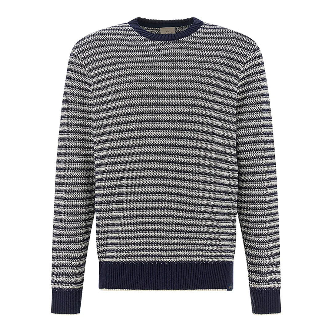 Crew‑neck sweater in bouclé cotton with striped pattern, Man, Whispe White - Dress Blues, Size: 3XL sold by Paul & Shark