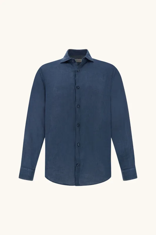 Garment‑dyed linen shirt, Man, Blue, Size: 044 sold by Paul & Shark