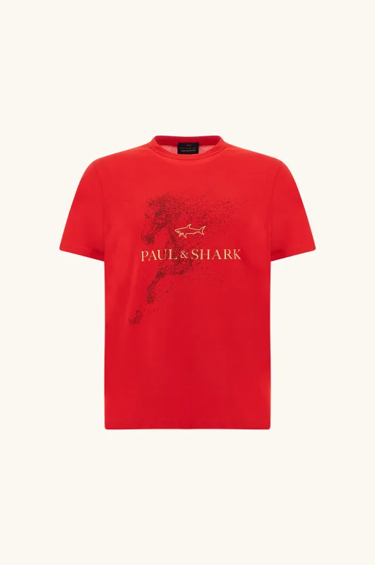 Cotton jersey T-shirt with Year of the Horse print, Man, Red, Size: XXL made by Paul & Shark