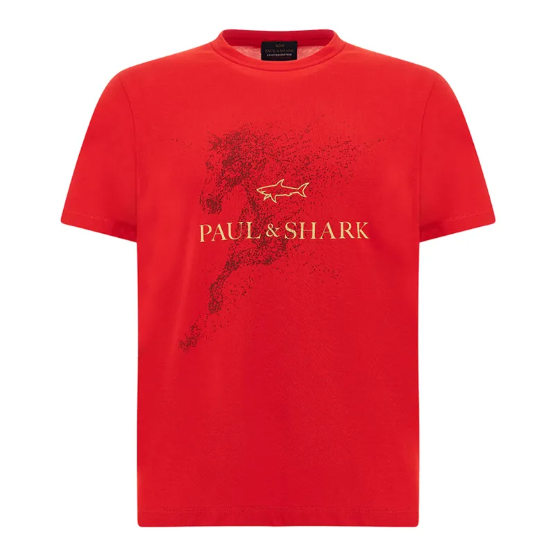 Cotton jersey T-Shirt with Year of the Horse print, Man, Red, Size: M made by Paul & Shark