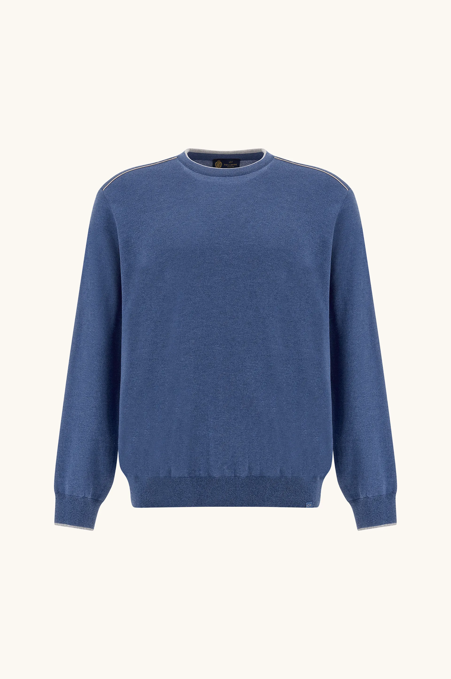Crew‑neck sweater in silk and cotton with Aqualeather suede details, Man, Colony Blue, Size: M sold by Paul & Shark