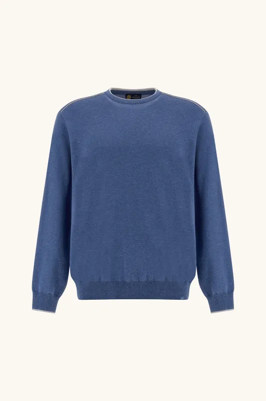 Crew‑neck sweater in silk and cotton with Aqualeather suede details, Man, Colony Blue, Size: XXL made by Paul & Shark