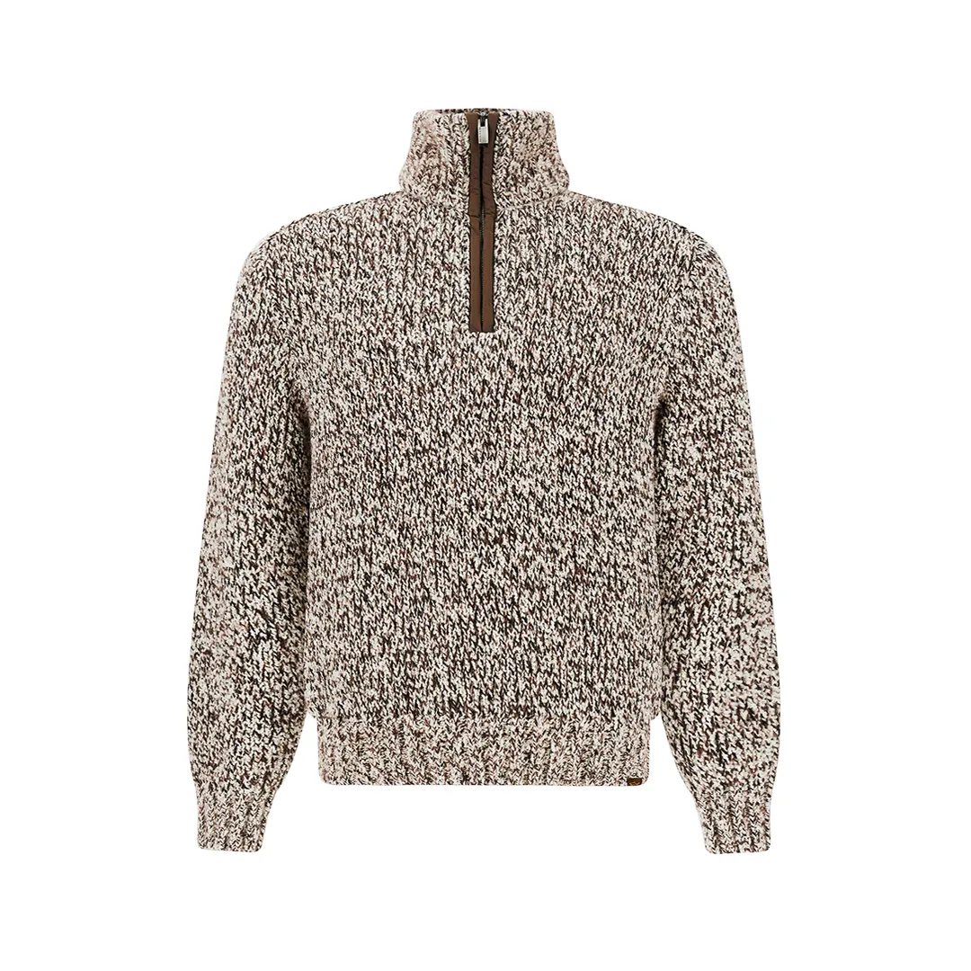 Half‑zip sweater in melange wool and alpaca blend, Man, After Dark - Rocky Road - Snow White, Size: XL sold by Paul & Shark