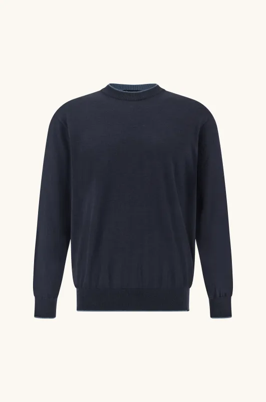 Crew‑neck sweater in wool and silk with double bicolor collar, Man, Blue, Size: S made by Paul & Shark