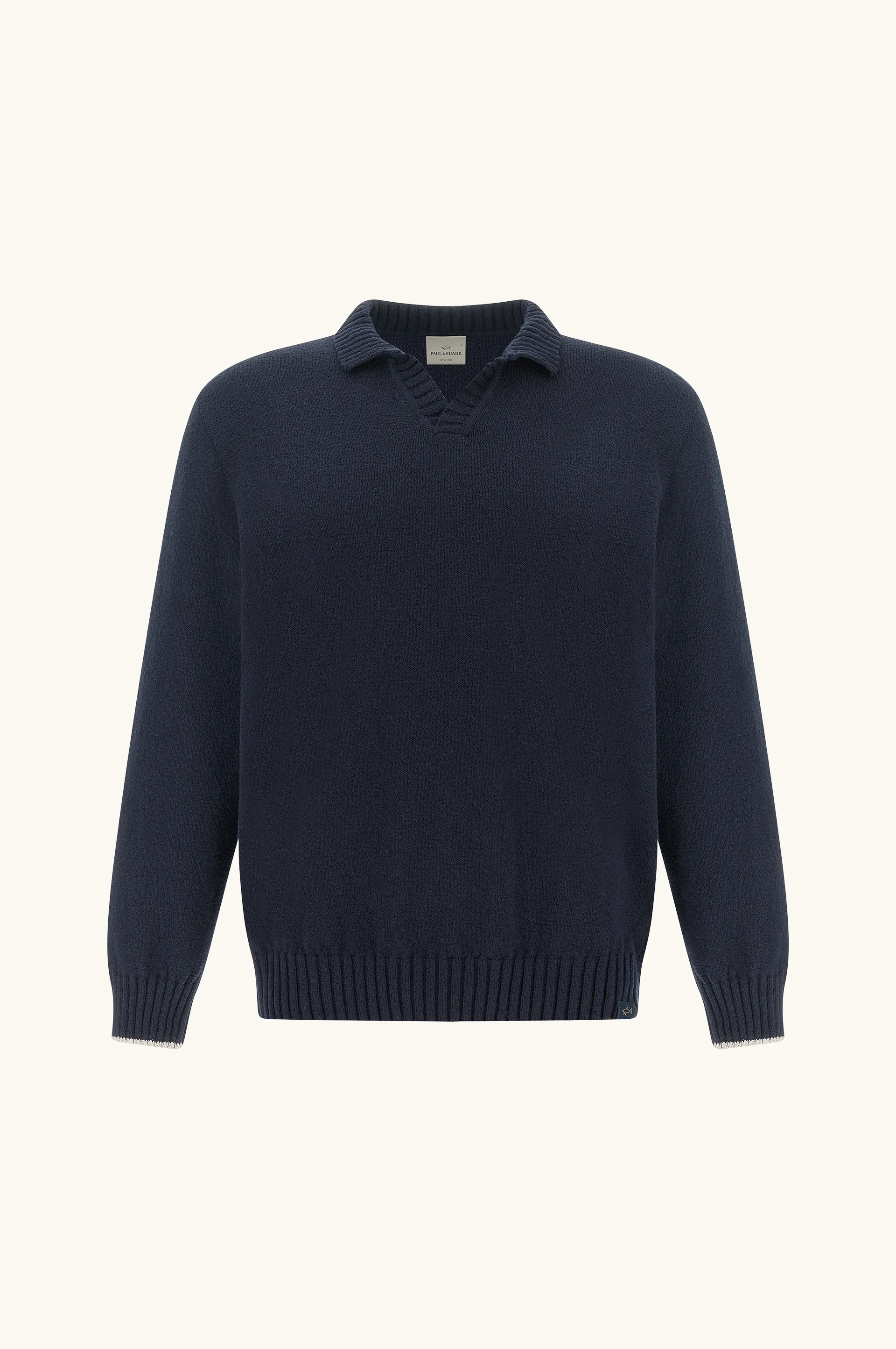Open‑collar sweater in bouclé cotton, Man, Blue, Size: L sold by Paul & Shark