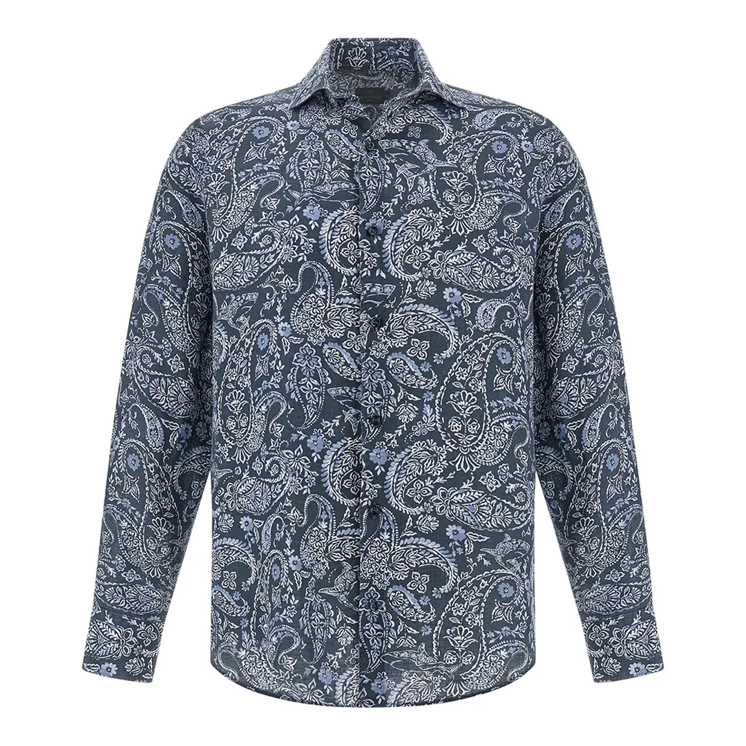 Linen shirt with Shark Paisley pattern, Man, Blue Paisley Light Blue White, Size: 042 sold by Paul & Shark