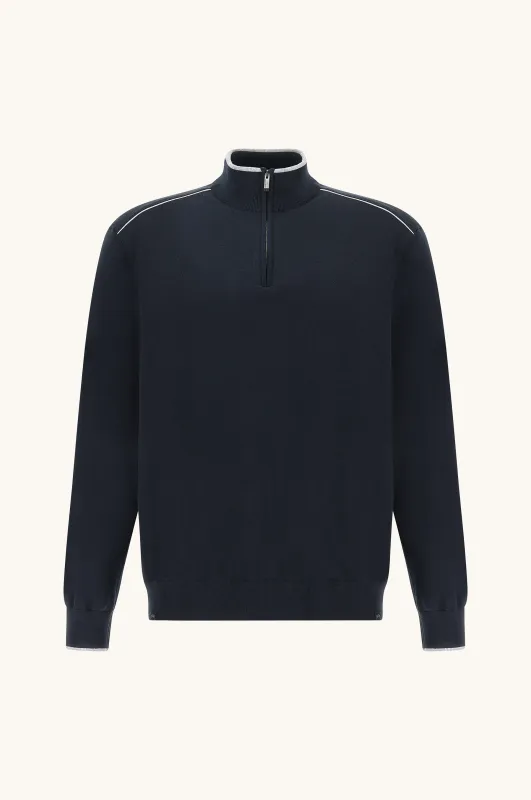 Half‑zip sweater in cotton and silk with Aqualeather suede details, Man, Blue, Size: S sold by Paul & Shark