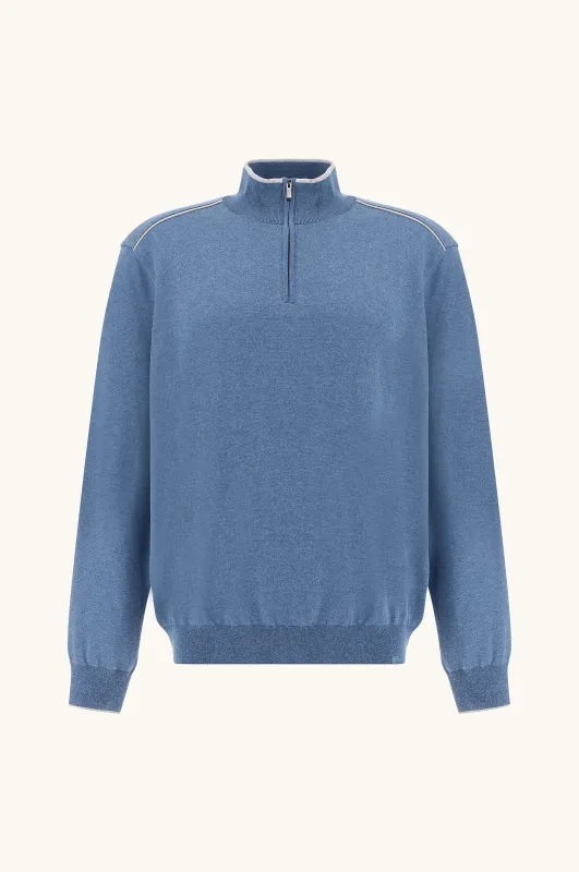 Half‑zip sweater in cotton and silk with Aqualeather suede details, Man, Colony Blue, Size: 3XL made by Paul & Shark