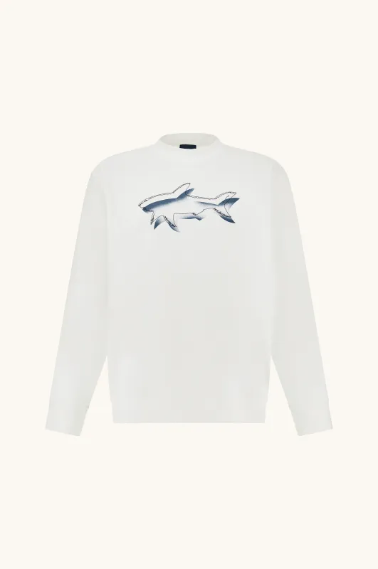 Sweatshirt in Active Fleece cotton with shark print, Man, Blanc De Blanc, Size: XL made by Paul & Shark