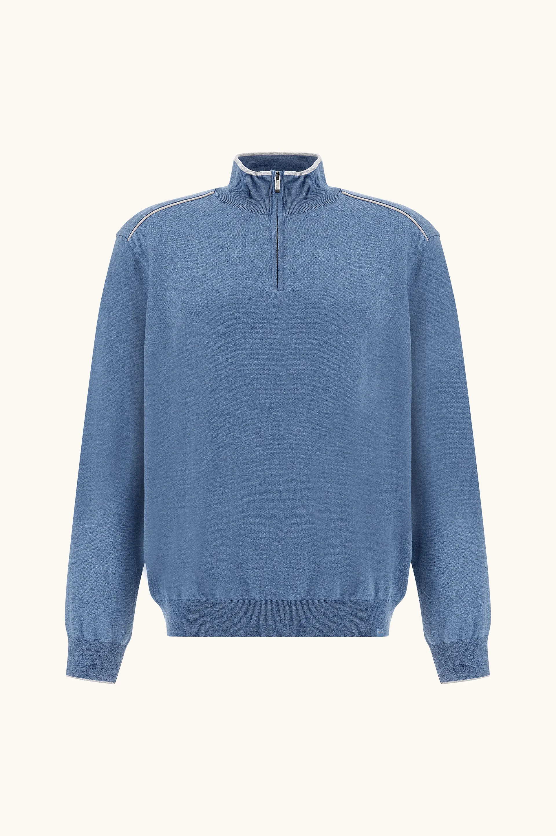 Half‑zip sweater in cotton and silk with Aqualeather suede details, Man, Colony Blue, Size: 4XL sold by Paul & Shark