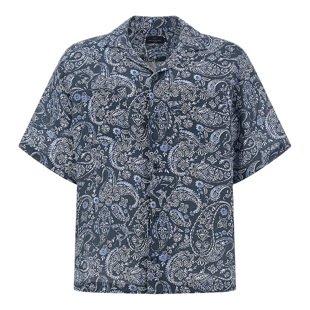 Linen shirt with Shark Paisley pattern, Man, Blue Paisley Light Blue White, Size: S sold by Paul & Shark