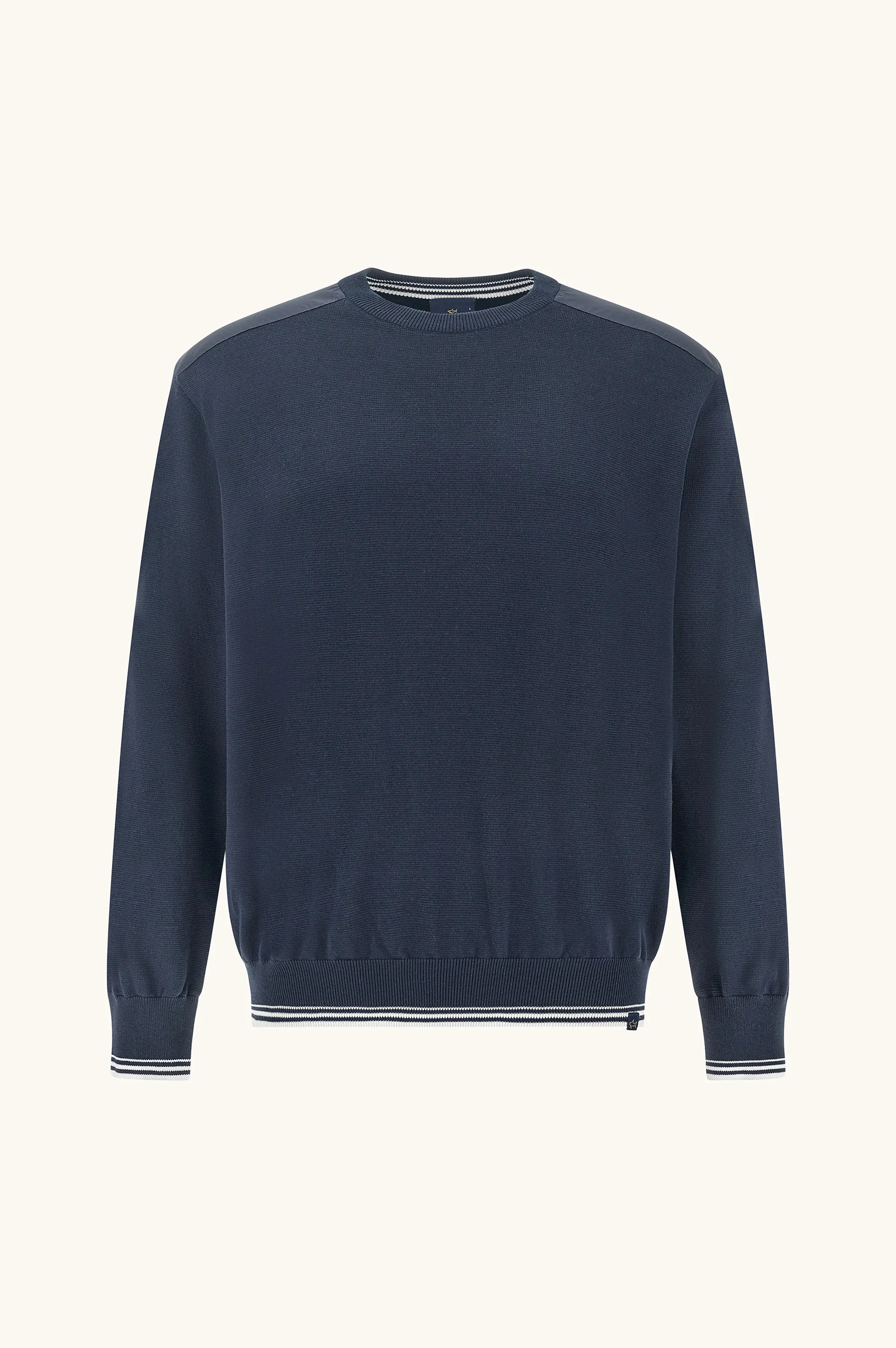 Crew‑neck sweater in Piuma cotton with technical fabric details, Man, Blue, Size: S sold by Paul & Shark