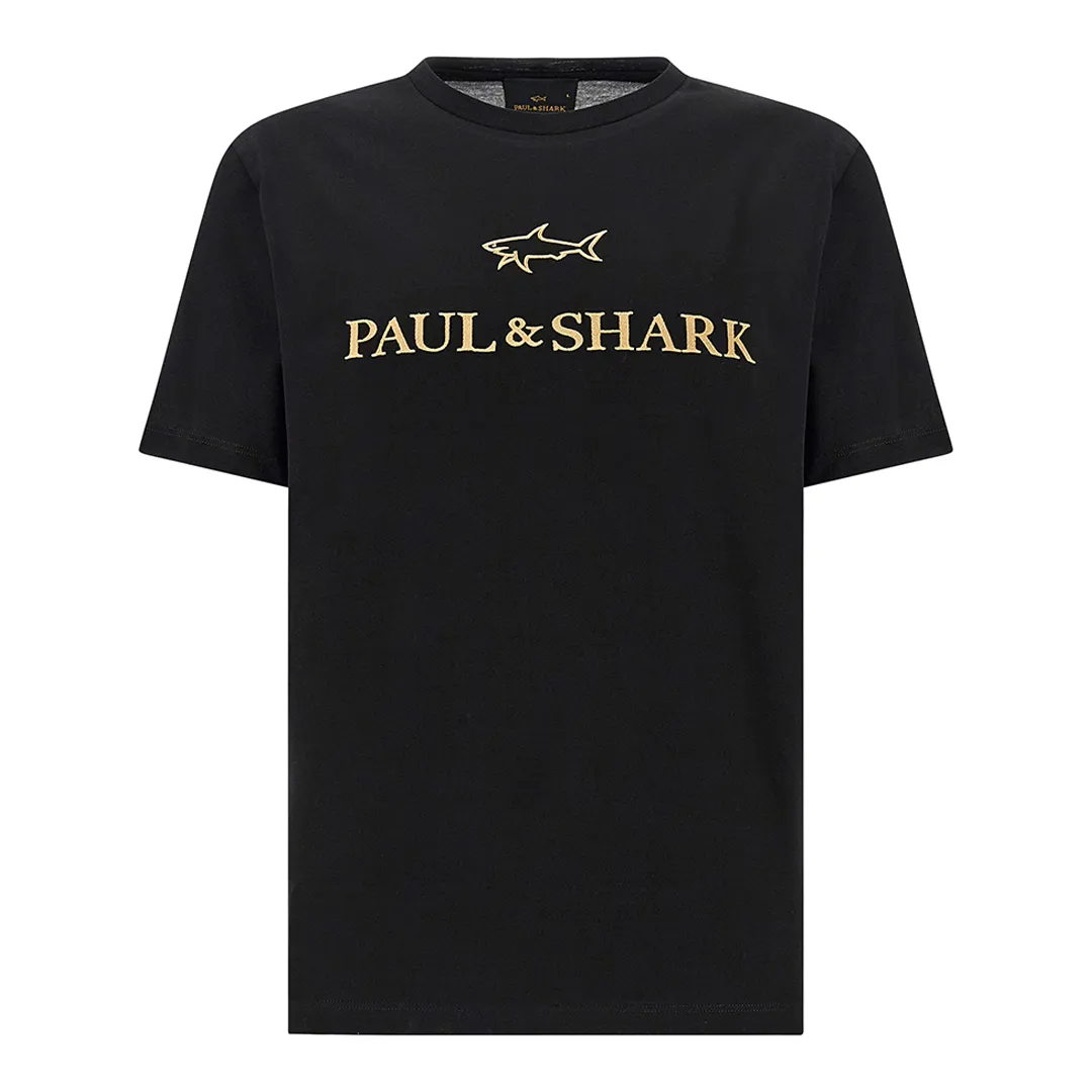 Double mercerised cotton jersey T-Shirt with embroidered logo, Man, Black Beauty-rich Gold, Size: L sold by Paul & Shark