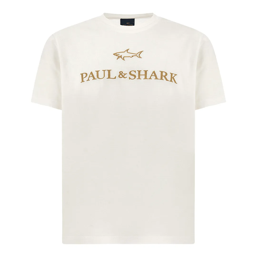 Double mercerised cotton jersey T-Shirt with embroidered logo, Man, Bright White-rich Gold, Size: XL sold by Paul & Shark