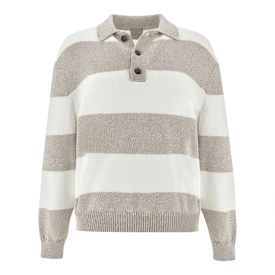 Knit polo in Piuma cotton with striped pattern, Man, Blanc De Blanc/moonlight-moonlight, Size: 3XL sold by Paul & Shark