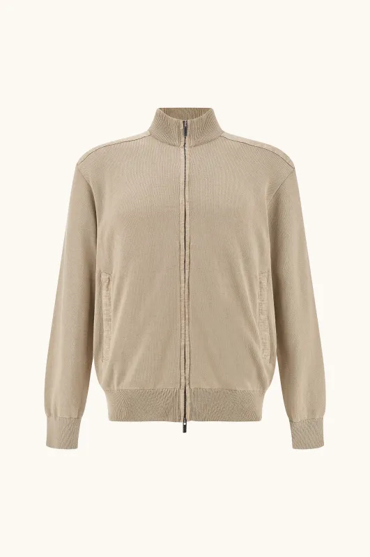 Zip‑up sweater in Fresco cotton with linen details, Man, Beige, Size: XXL made by Paul & Shark