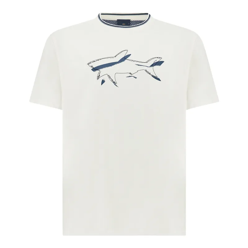 Cotton jersey T-shirt with Shark print, Man, Blanc De Blanc, Size: XL sold by Paul & Shark