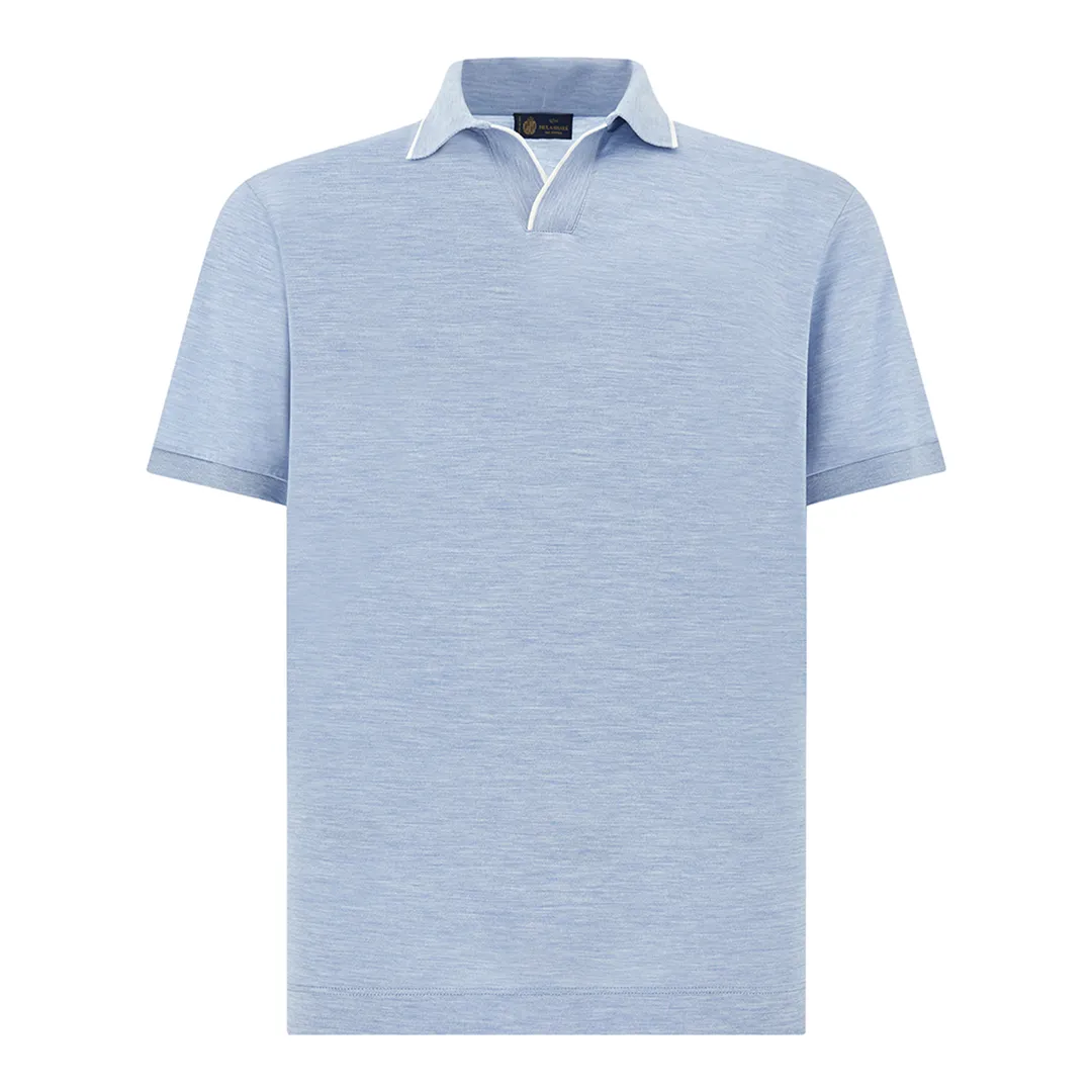 Open collar polo in cotton and silk, Man, Blue Melange, Size: S sold by Paul & Shark