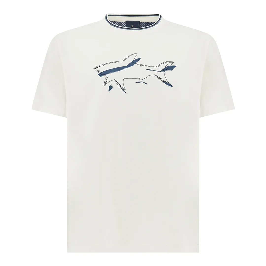 Cotton jersey T-Shirt with Shark print, Man, Blanc De Blanc, Size: S sold by Paul & Shark