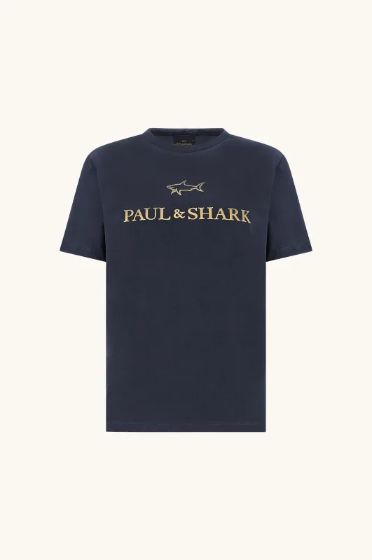Double mercerised cotton jersey T-Shirt with embroidered logo, Man, Dress Blues-rich Gold, Size: XXL made by Paul & Shark