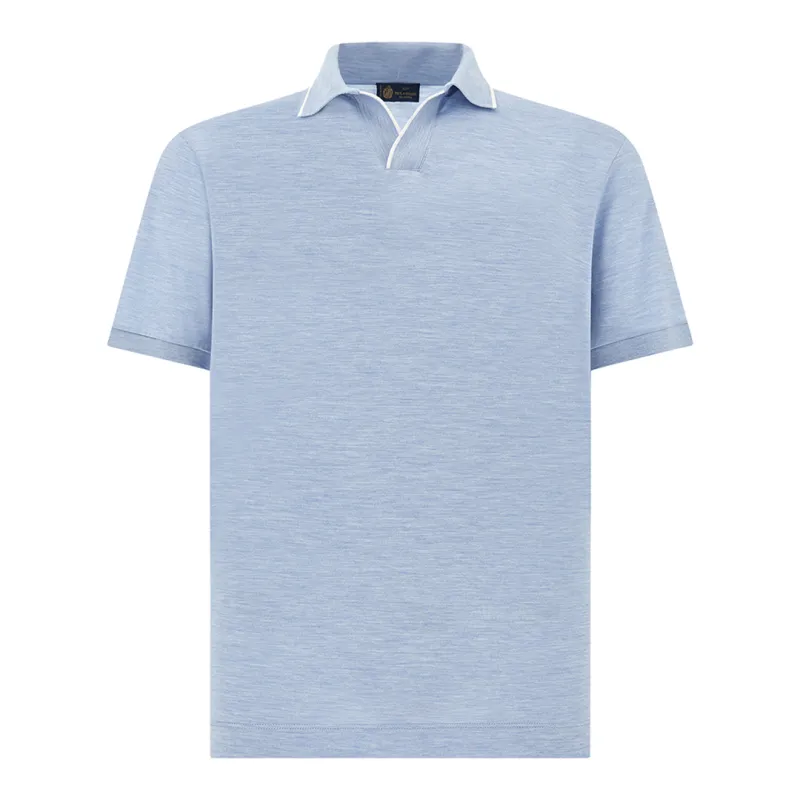 Open collar polo in cotton and silk, Man, Blue Melange, Size: 4XL made by Paul & Shark