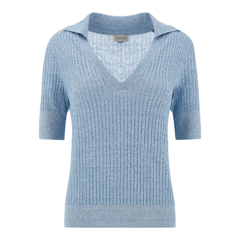 Urukai Linen and Cotton V-Neck Polo Shirt, Woman, Bright White - Blue Bonnet, Size: L made by Paul & Shark