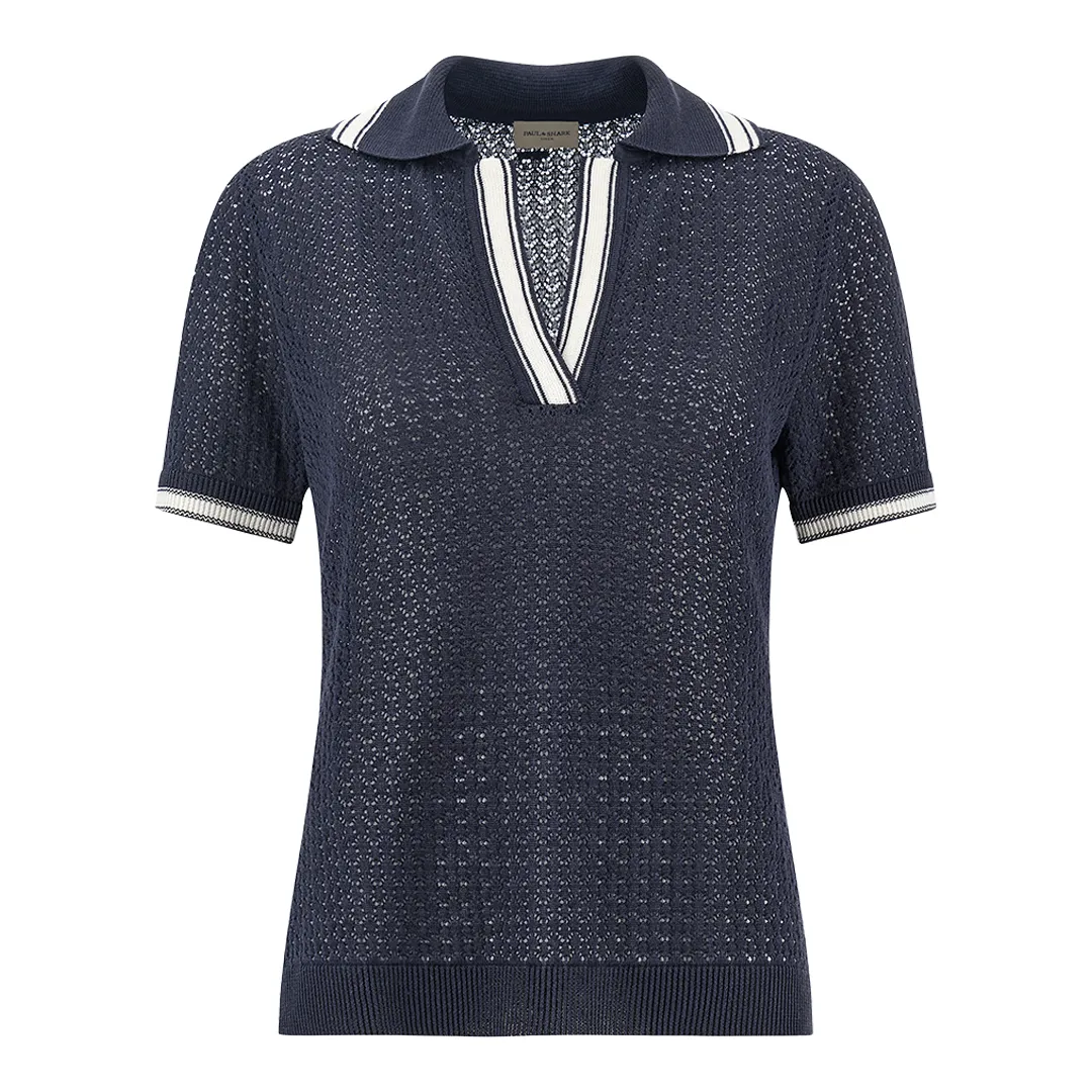 Polo in openwork knit pure linen, Woman, Blue, Size: XS sold by Paul & Shark