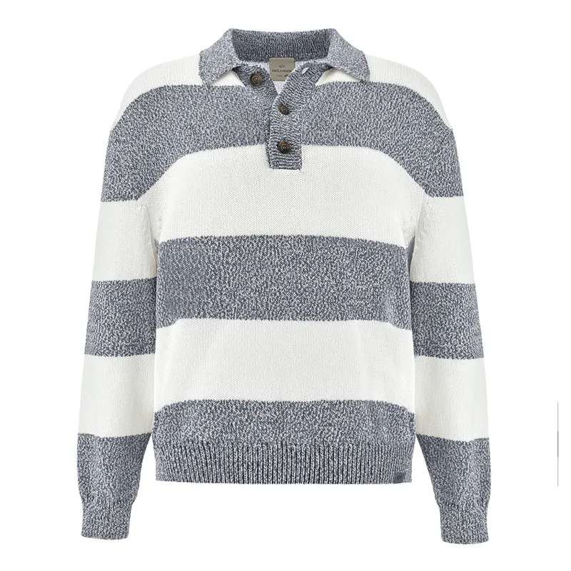 Knit polo in Piuma cotton with striped pattern, Man, Blanc De Blanc/dress Blues - Blanc De Blanc, Size: XXL made by Paul & Shark