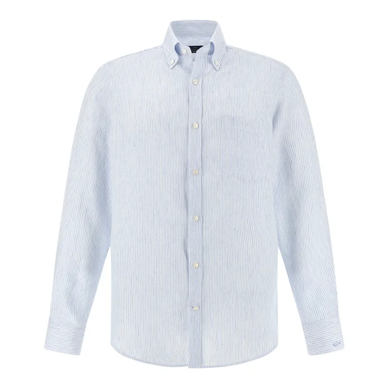 Soffio linen shirt with striped pattern, Man, Rows White Light Blue, Size: 042 made by Paul & Shark
