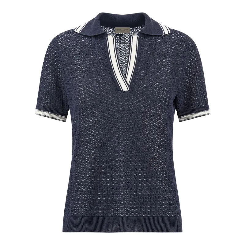 Polo in openwork knit pure linen, Woman, Blue, Size: M made by Paul & Shark