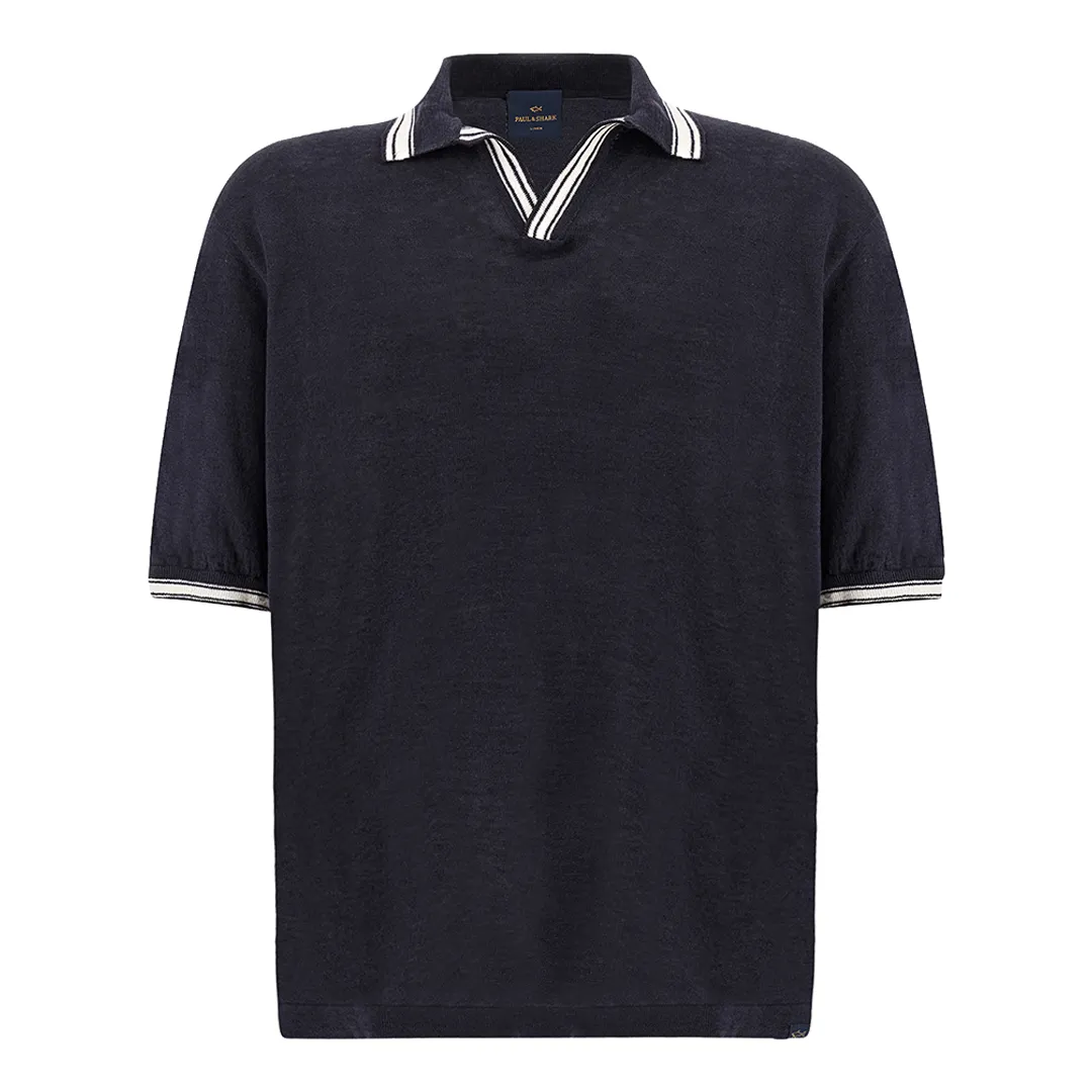 Polo shirt with open collar in linen, Man, Blue, Size: M sold by Paul & Shark