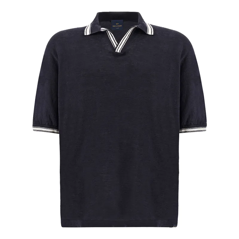 Polo shirt with open collar in linen, Man, Blue, Size: L made by Paul & Shark