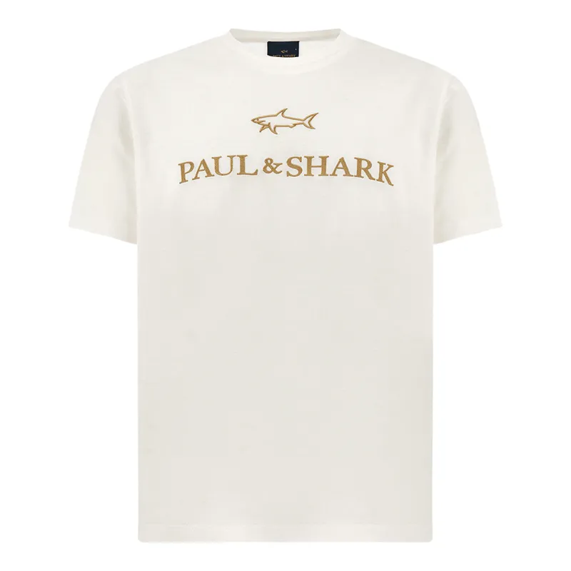 Double mercerised cotton jersey T-Shirt with embroidered logo, Man, Bright White-rich Gold, Size: M made by Paul & Shark