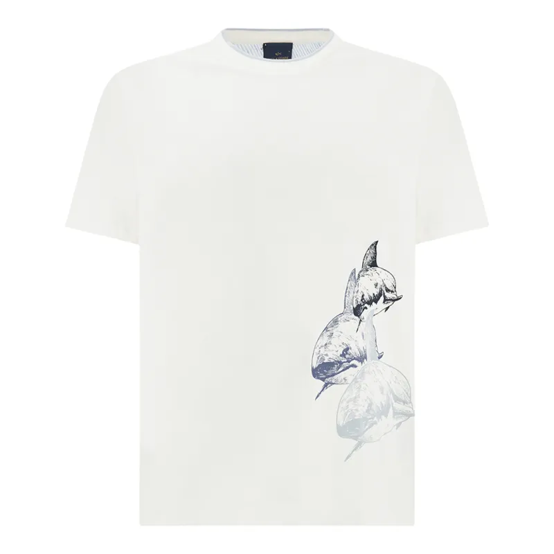 Cotton jersey T-shirt with Shark print, Man, Blanc De Blanc, Size: 3XL sold by Paul & Shark