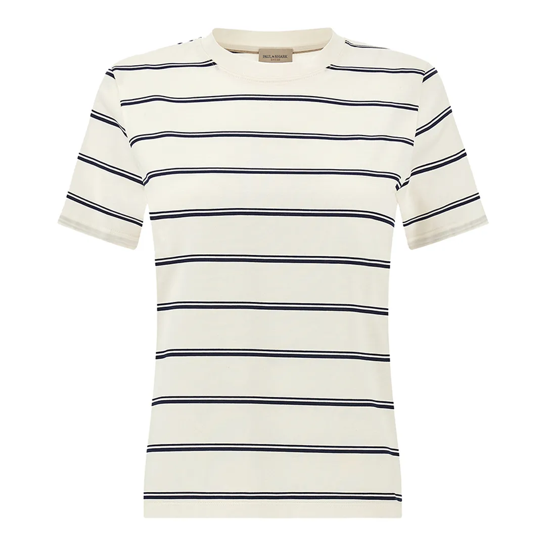 Cotton Jersey T-Shirt with Striped Pattern, Woman, Blanc De Blanc-dress Blues, Size: S sold by Paul & Shark