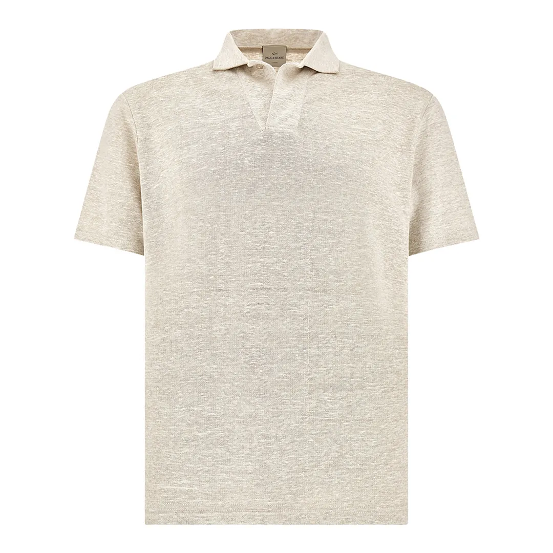 Open collar polo in linen jersey, Man, Cloud Dancer/doeskin, Size: L sold by Paul & Shark
