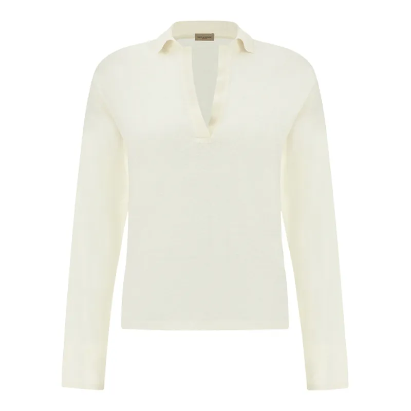 V-Neck linen polo, Woman, Cloud Dancer, Size: L made by Paul & Shark