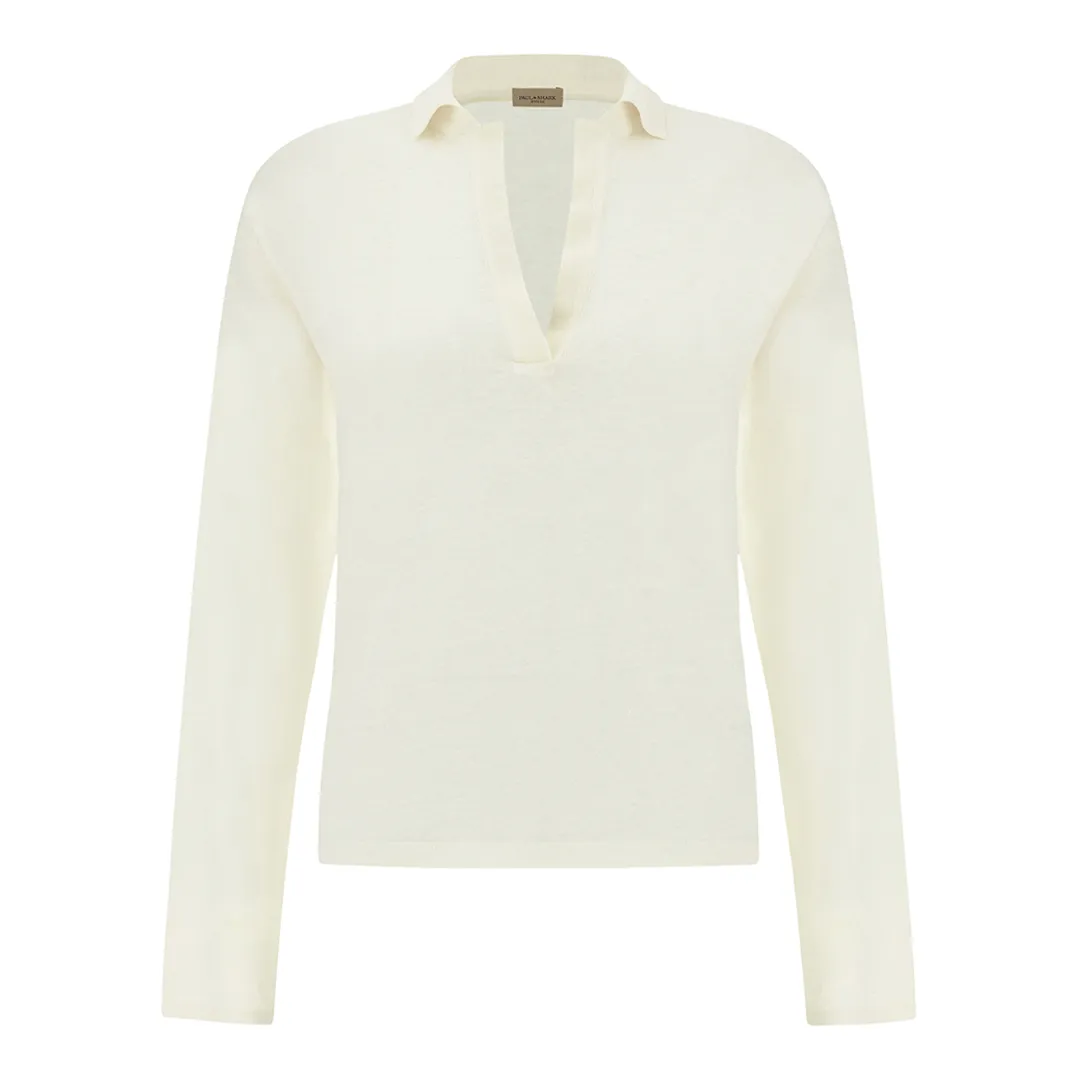 V-Neck linen polo, Woman, Cloud Dancer, Size: L sold by Paul & Shark