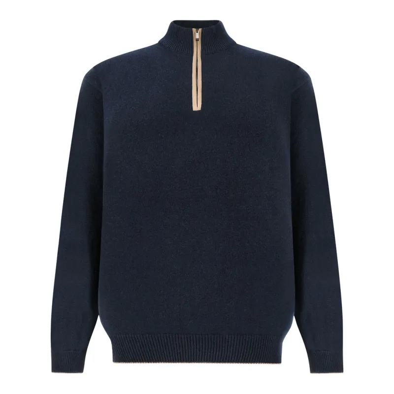Half-zip sweater in wool and cashmere with suede details, Man, Blue, Size: S made by Paul & Shark