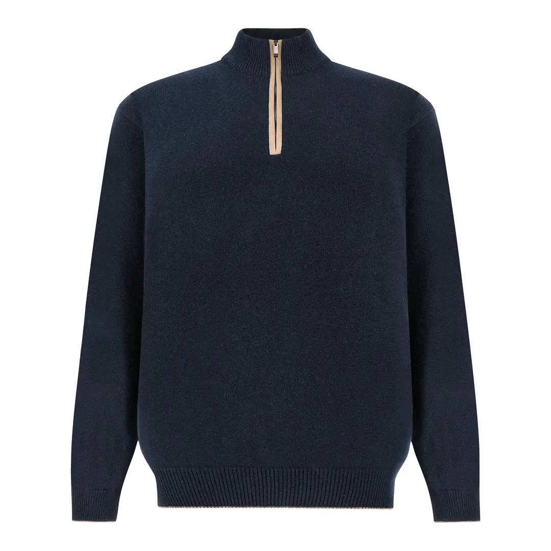 Half-zip sweater in wool and cashmere with suede details, Man, Blue, Size: S sold by Paul & Shark